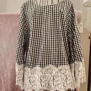 Karen Kane Black and White Checkered Lace Blouse